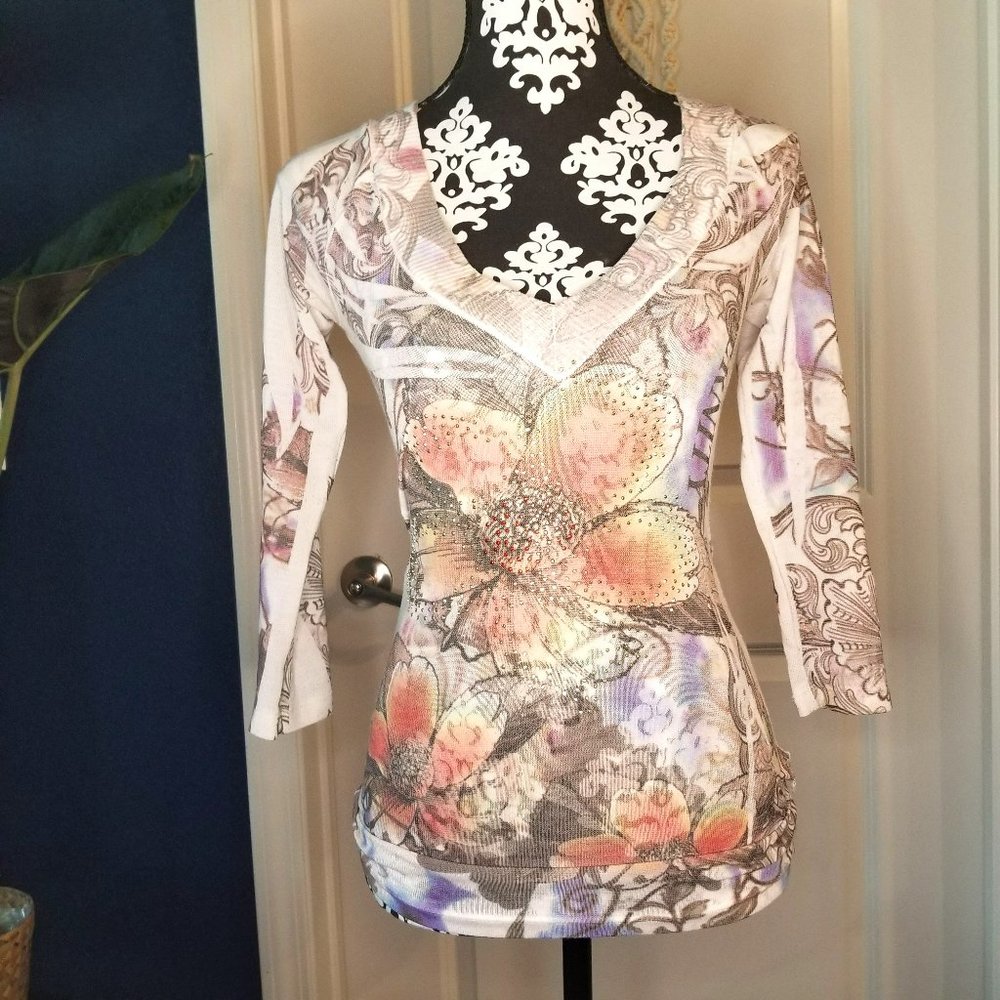 XS American One Floral Pullover V-Neck Cardigan - Multicolor